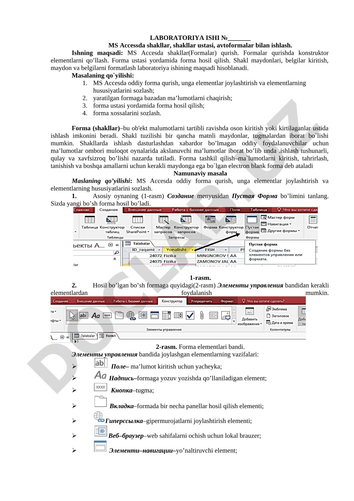 MS Accessda shakllar, shakllar ustasi, avtoformalar bilan ishlash
