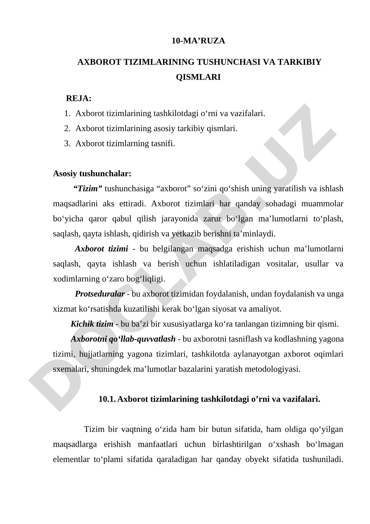 Axborot tizimlarining tushunchasi va tarkibiy qismlari