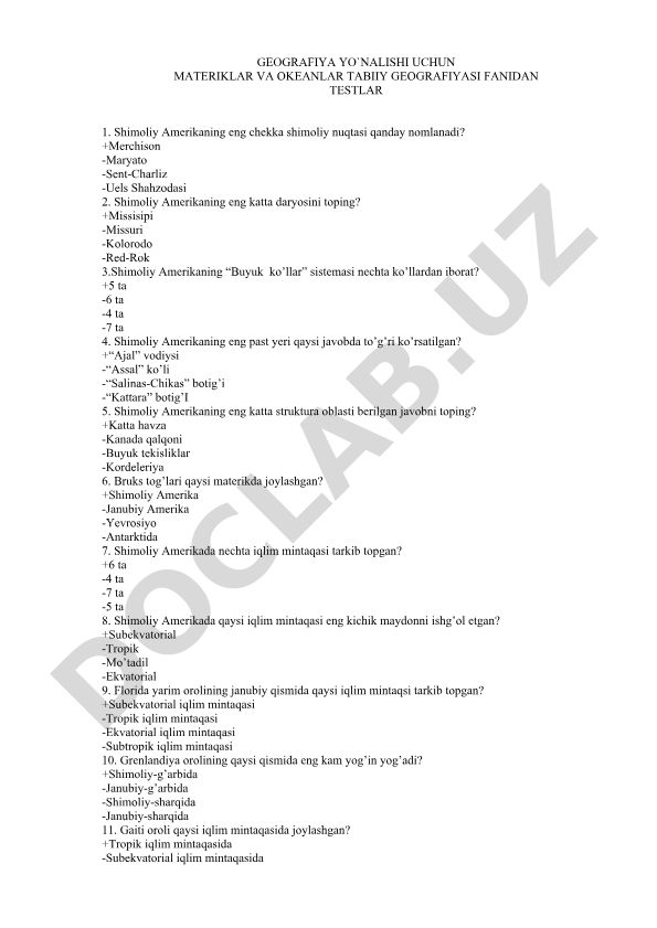 Shimoliy Amerika geografiyasi test savollari