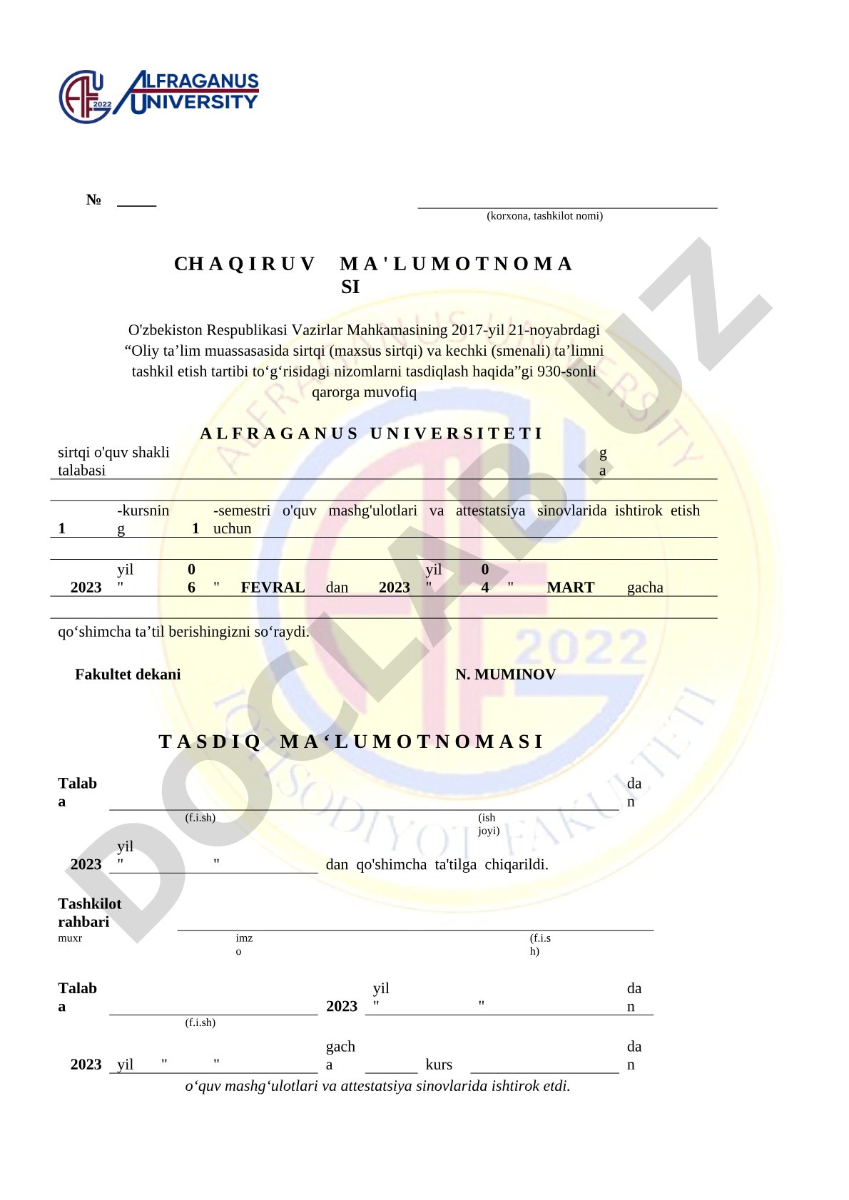 Sirtqi ta'lim talabasi uchun chaqiruv ma'lumotnomasi