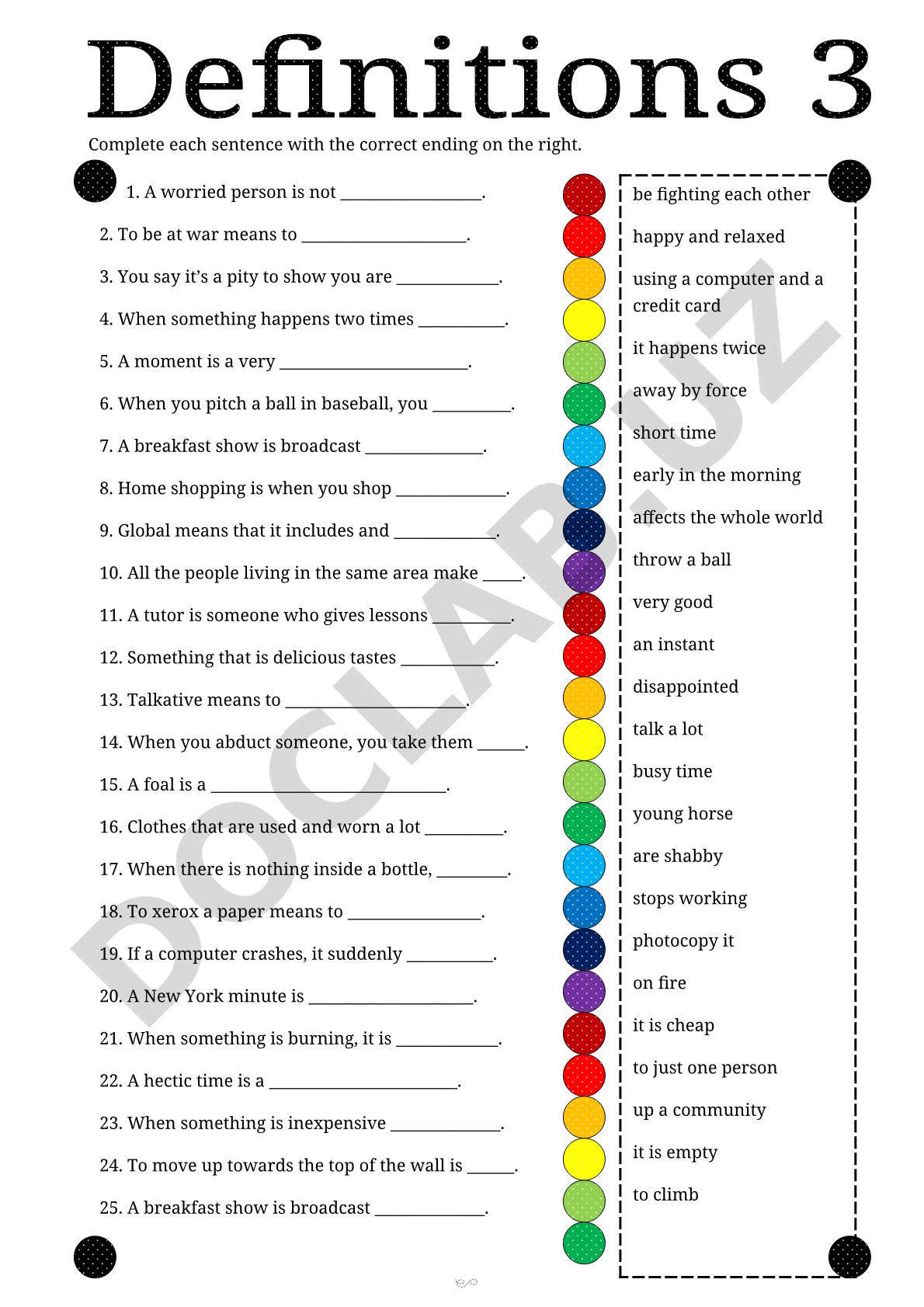 English vocabulary matching exercise