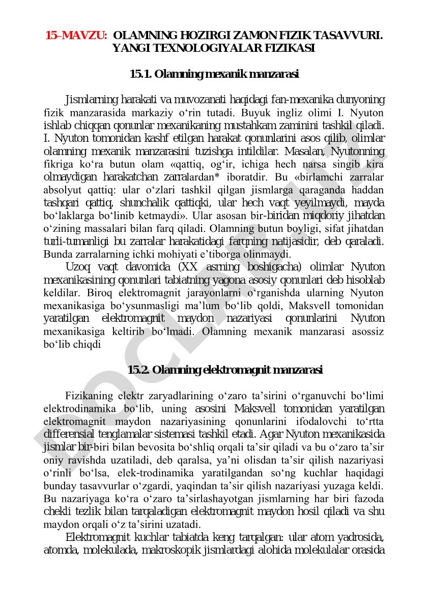 Olamning hozirgi zamon fizik tasavvuri. Yangi texnologiyalar fizikasi