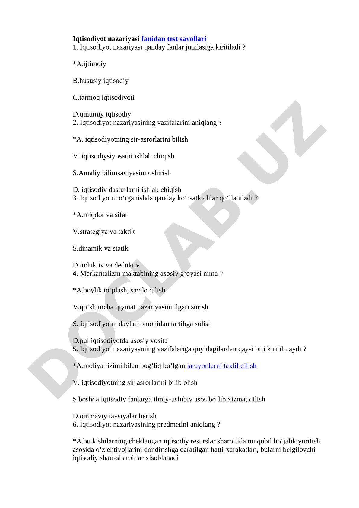 Iqtisodiyot nazariyasi fanidan test savollari