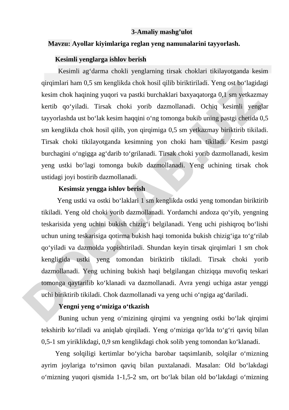 Ayollar kiyimlariga reglan yeng namunalarini tayyorlash. Kesimli yenglarga ishlov berish