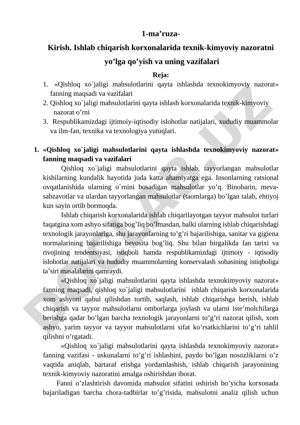 Ishlab chiqarish korxonalarida texnik-kimyoviy nazoratni yo'lga qo'yish va uning vazifalari