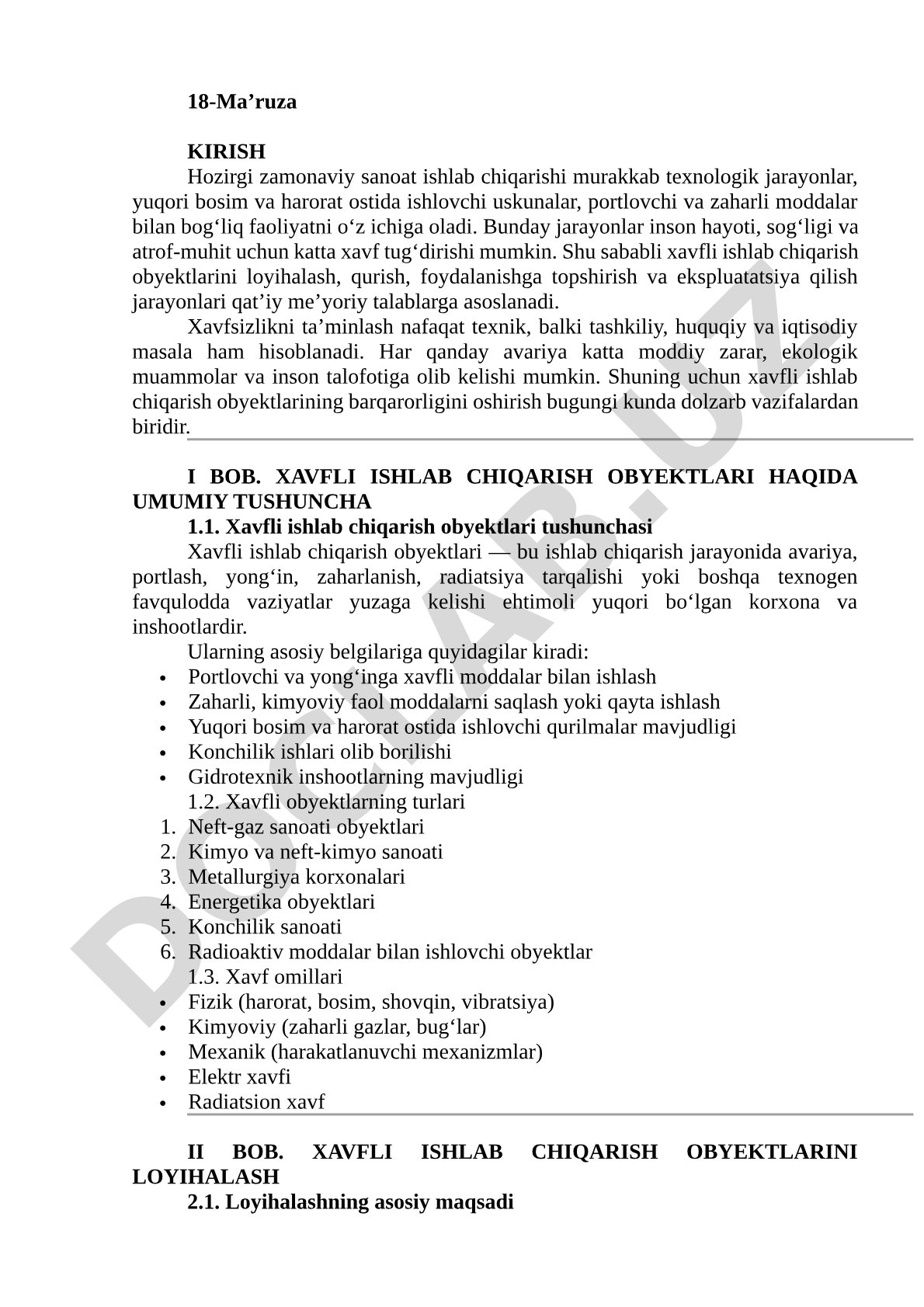 Xavfli ishlab chiqarish obyektlari va ularning xavfsizligi