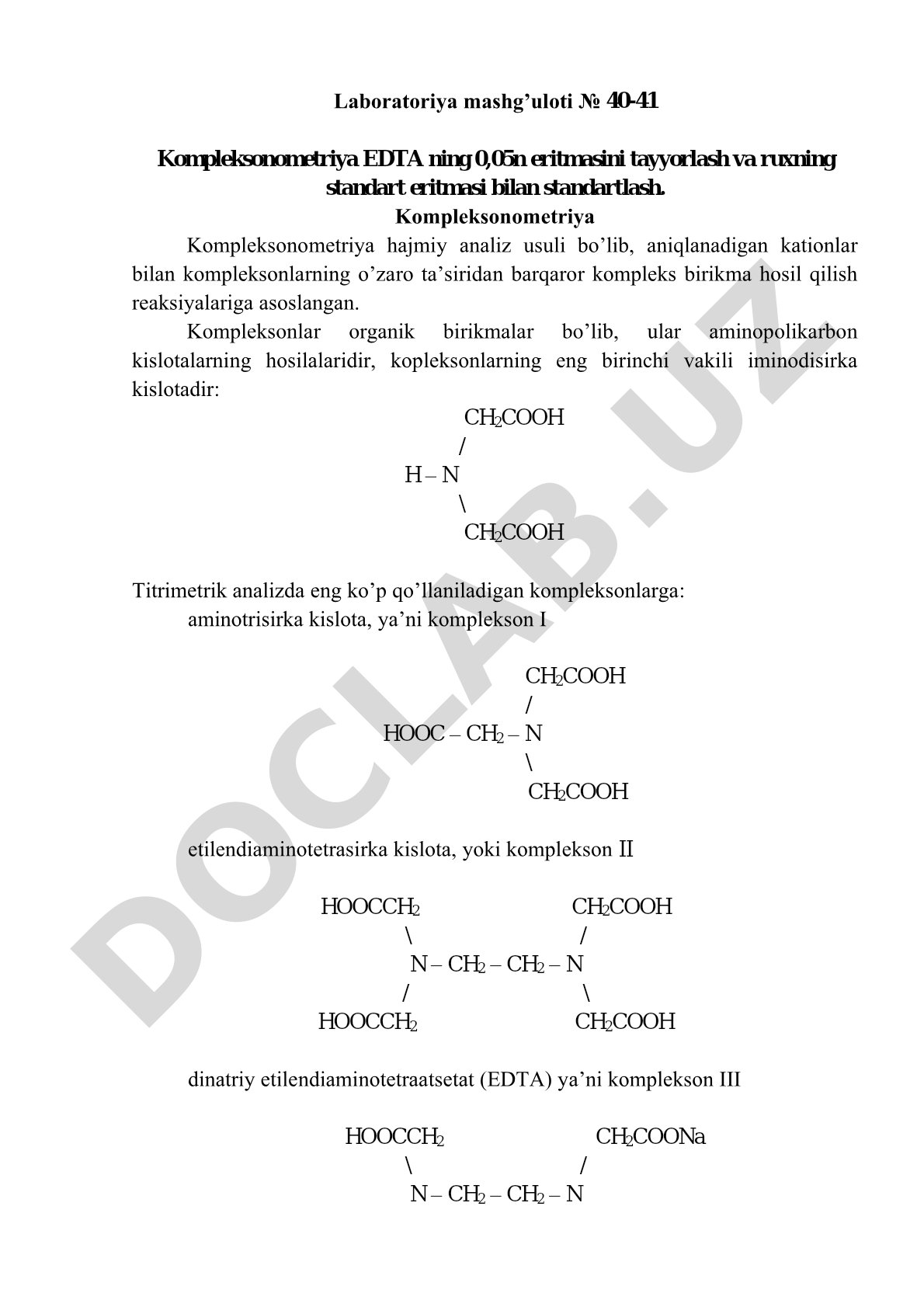 EDTA 0,05n eritmasini tayyorlash va rux eritmasi bilan standartlash