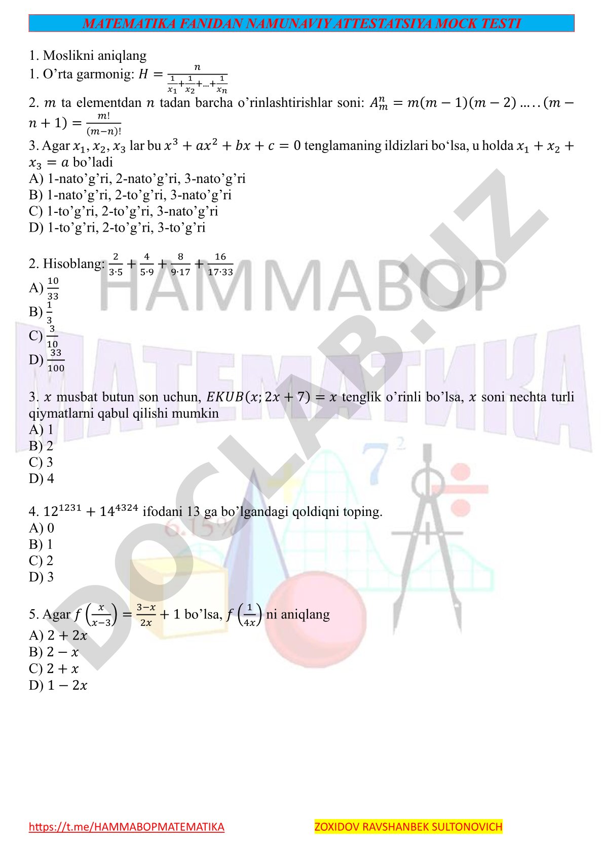 Matematika fanidan namunaviy attestatsiya mock testi
