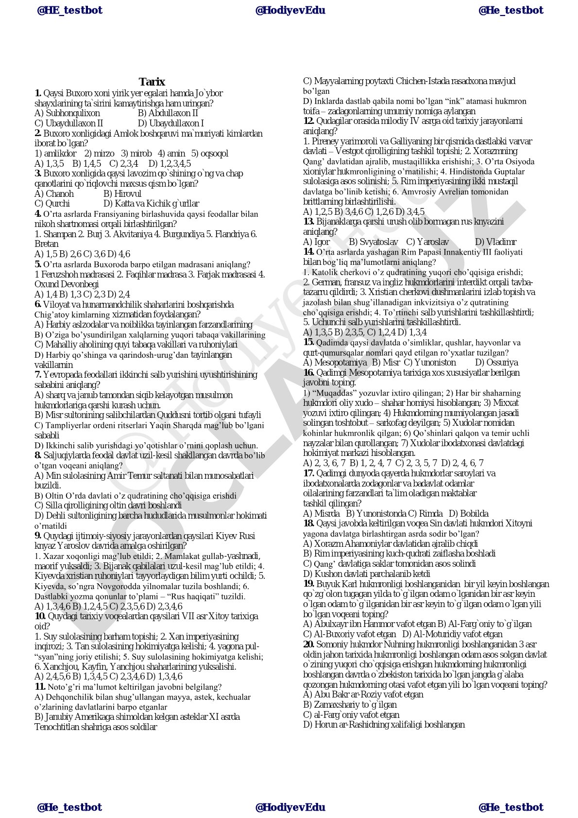 O'rta asrlar tarixi bo'yicha test savollari