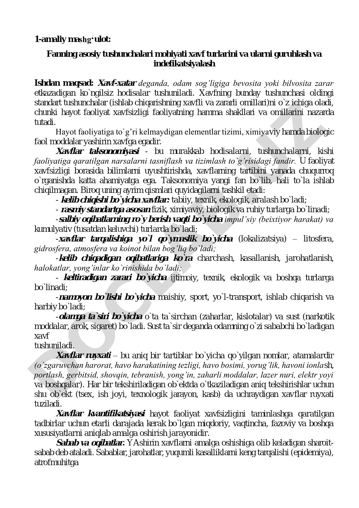 Fanning asosiy tushunchalari mohiyati xavf turlarini va ularni guruhlash va indefikatsiyalash
