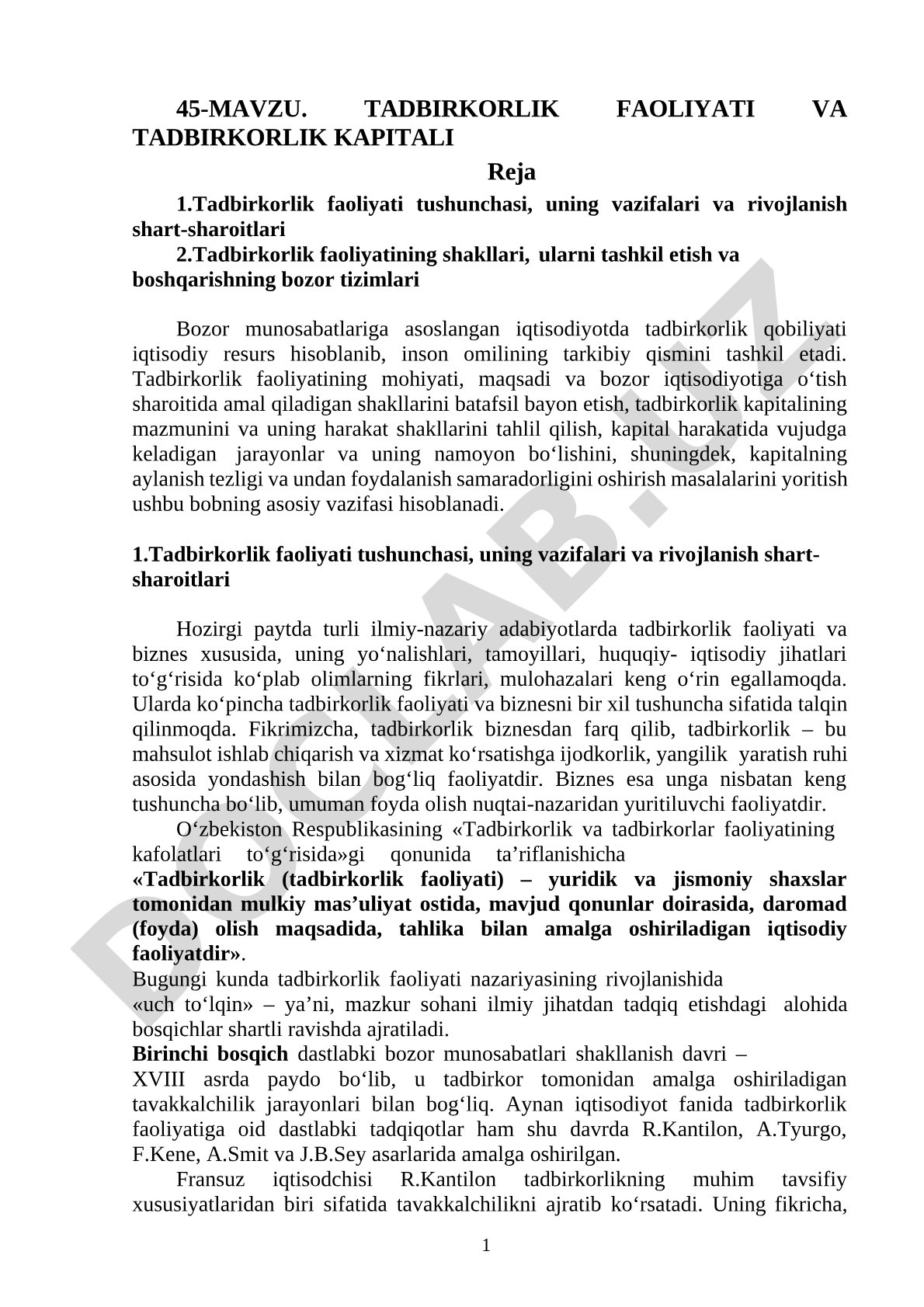 Tadbirkorlik faoliyati va tadbirkorlik kapitali