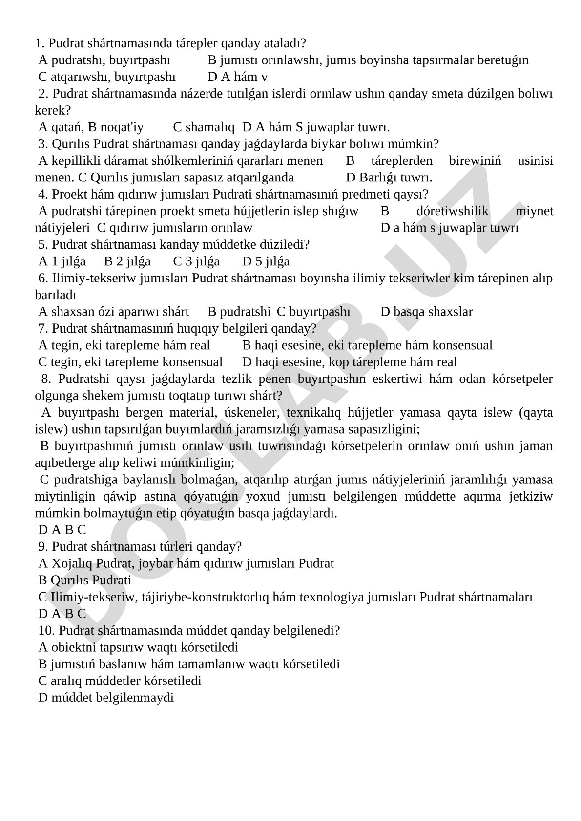 Pudrat shártnaması boyınsha test sorawları