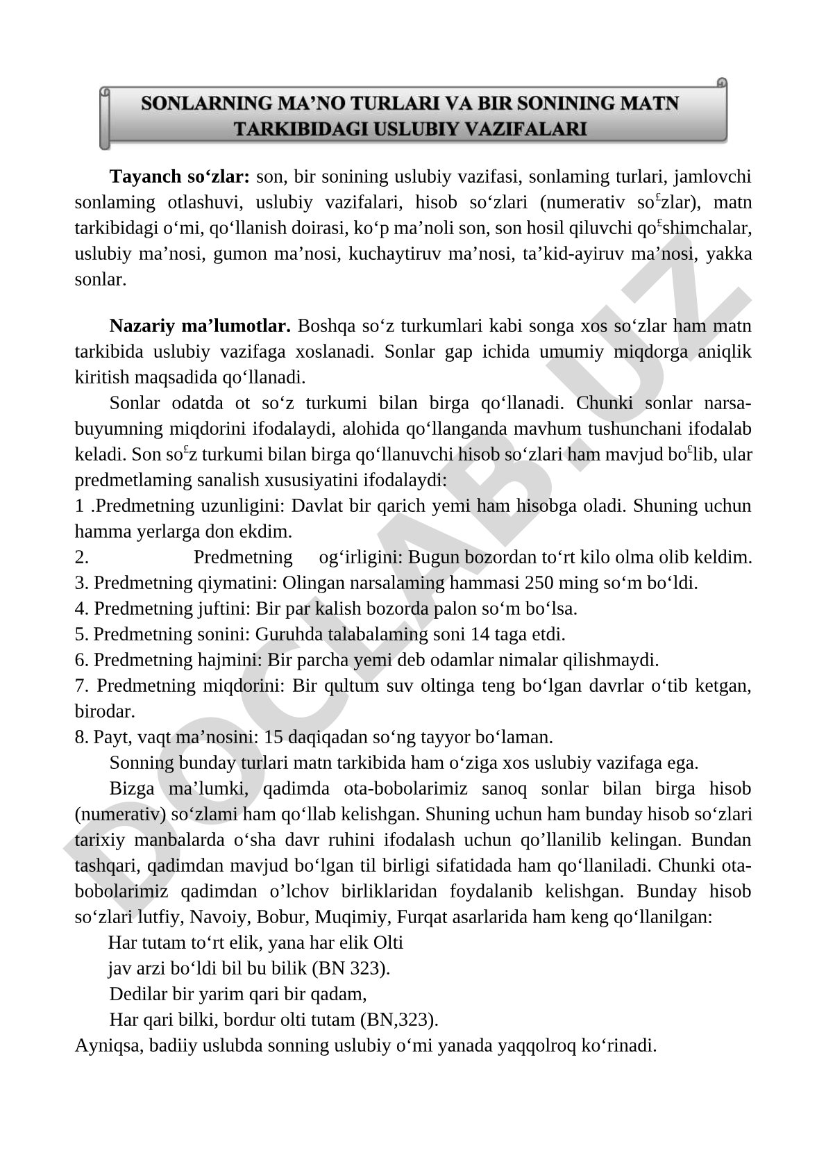 Sonlarning matndagi uslubiy vazifalari va qo‘llanish doirasi haqida