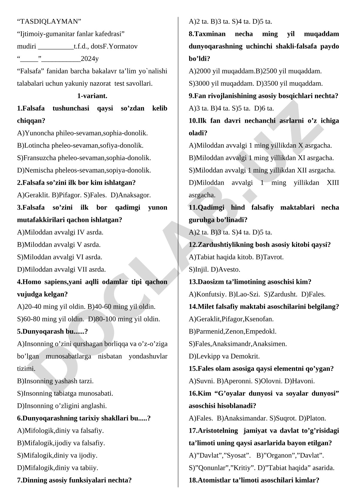 Falsafa fanidan yakuniy nazorat test savollari