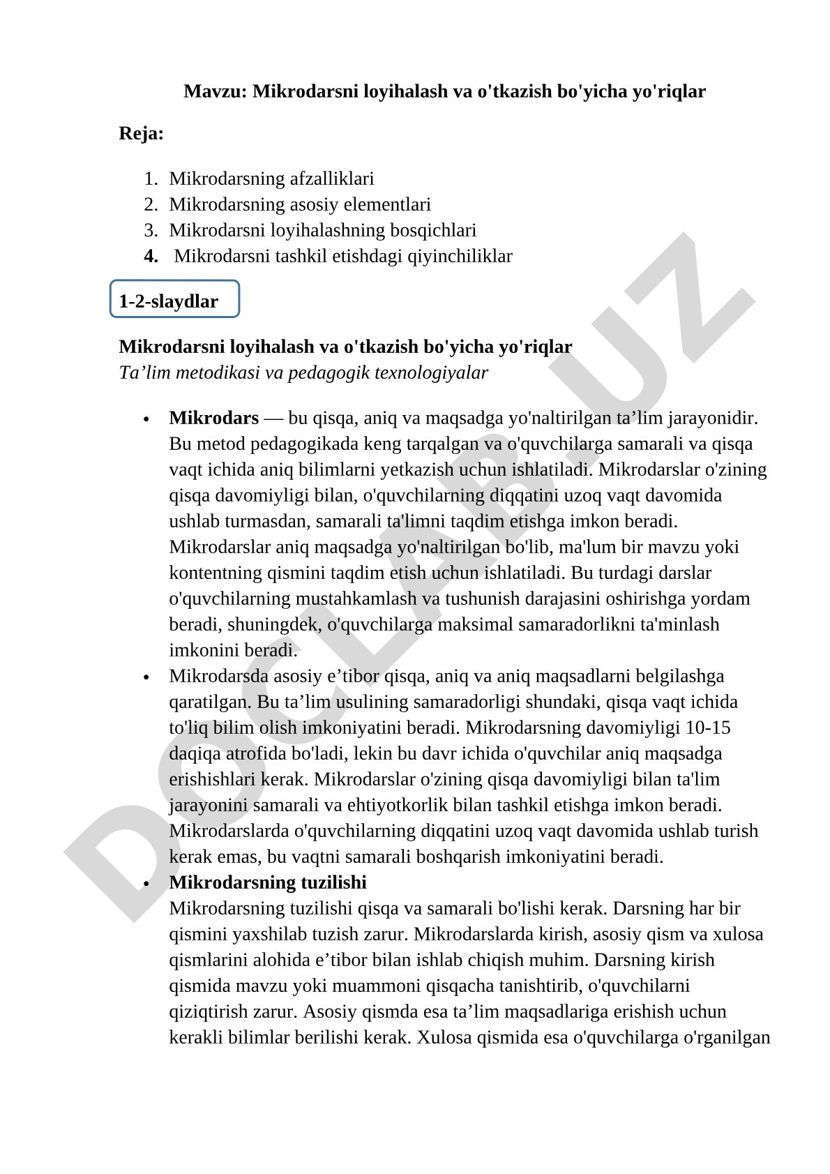 Mikrodarsni loyihalash va o'tkazish bo'yicha yo'riqlar