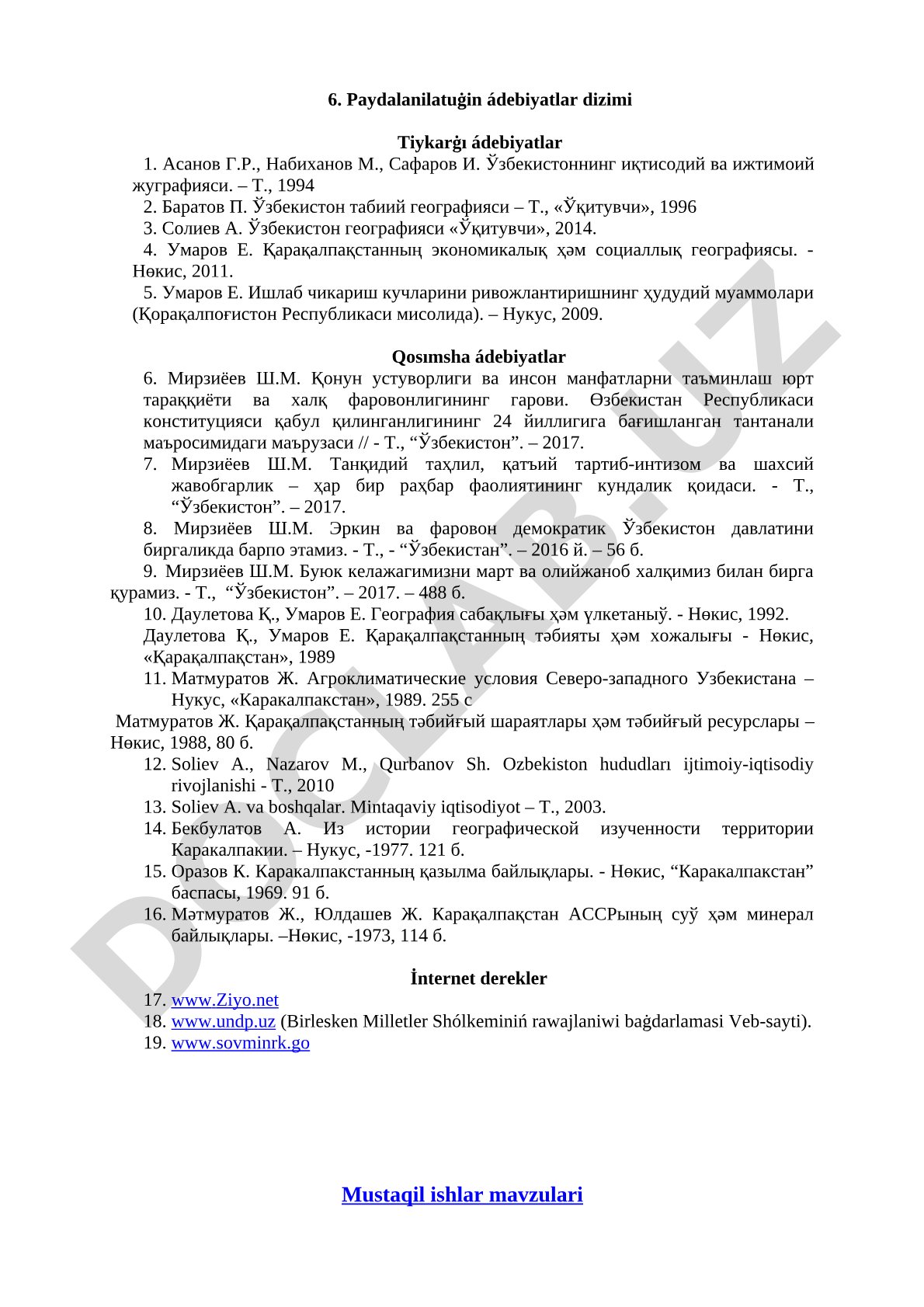 O'zbekiston geografiyasi va Qoraqalpog'iston iqtisodiy geografiyasi adabiyotlari