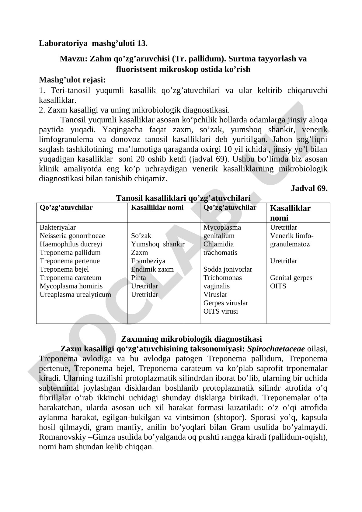 Zahm qo'zg'atuvchisi (Tr. pallidum). Surtma tayyorlash va fluoristsent mikroskop ostida ko'rish