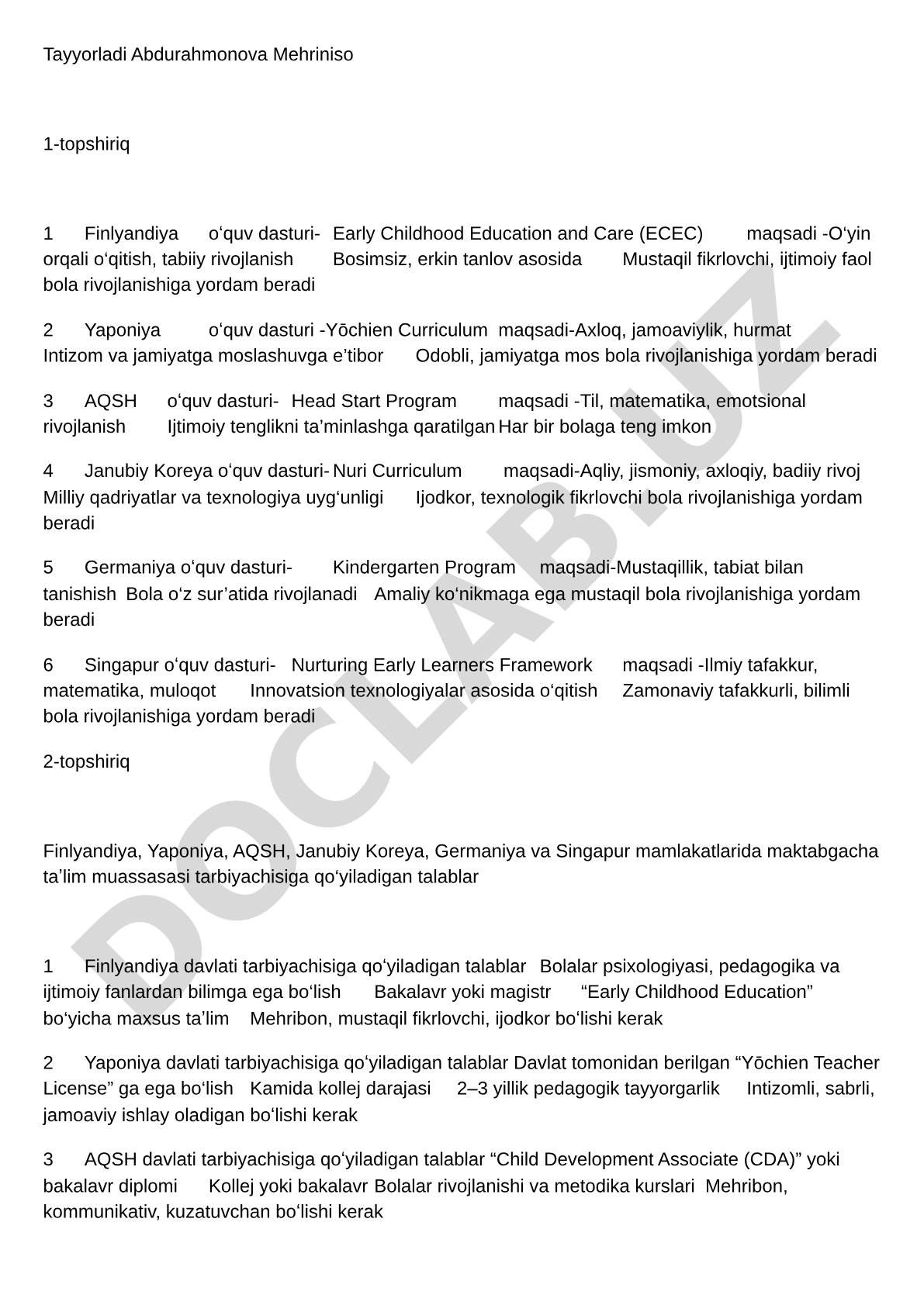 Maktabgacha ta'lim dasturlari qiyosiy tahlili