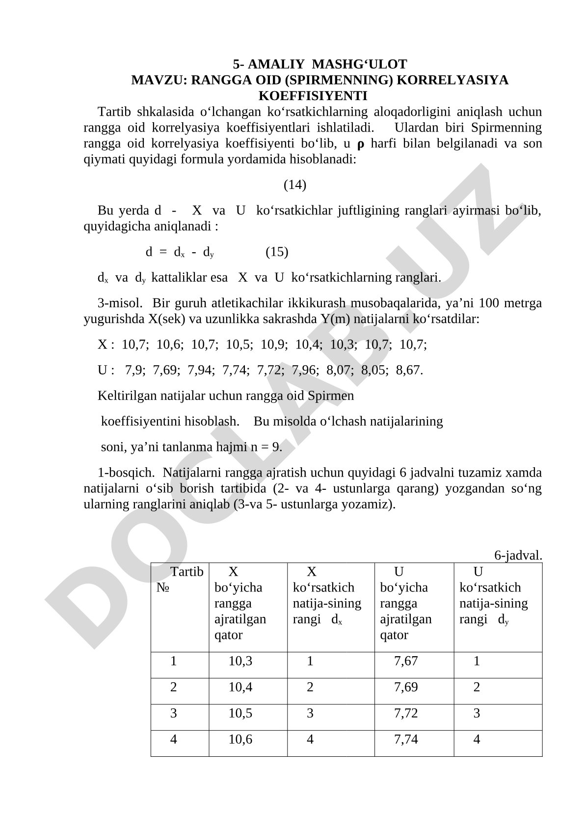 Rangga oid (Spirmenning) korrelyasiya koeffisiyenti
