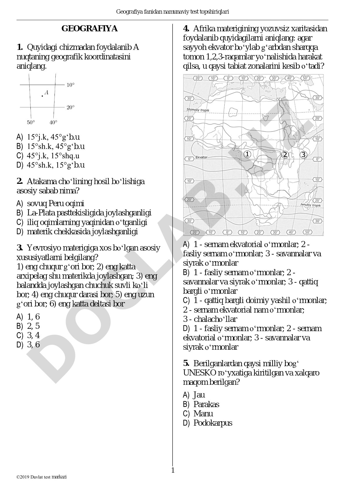 Geografiya fanidan namunaviy test topshiriqlari