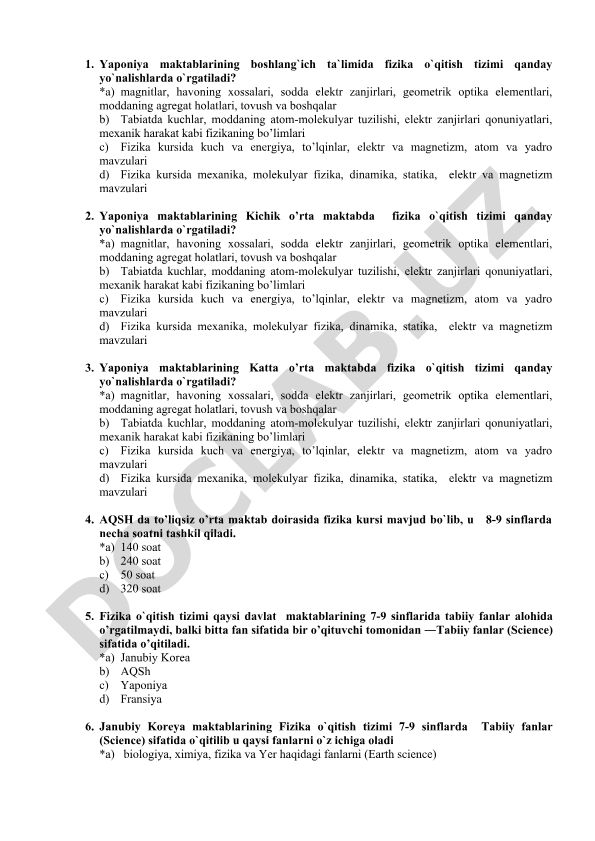 Yaponiya maktablarida fizika o'qitish tizimi bosqichlari bo'yicha