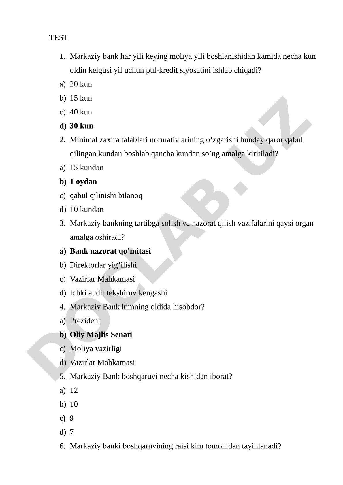 Markaziy bank faoliyatiga oid test savollari