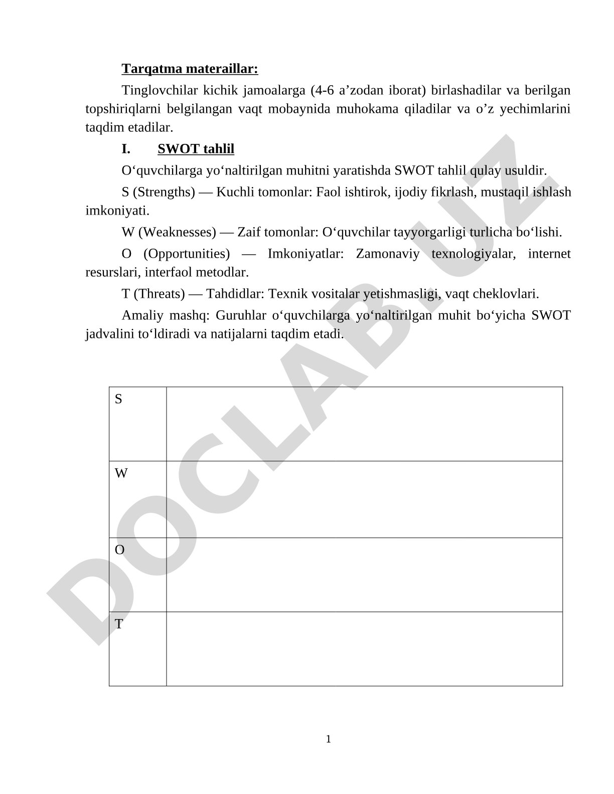 O‘quvchilarga yo‘naltirilgan muhitda SWOT tahlil va FSMU metodlari