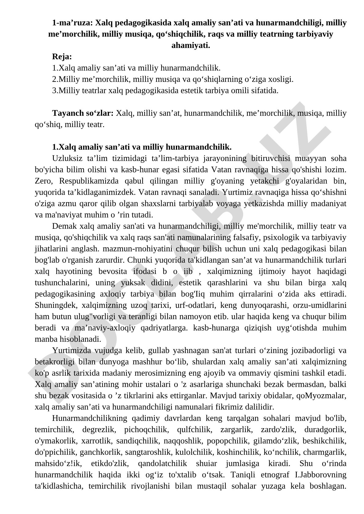 Xalq amaliy san’ati, hunarmandchilik, milliy musiqa va teatrning tarbiyaviy ahamiyati