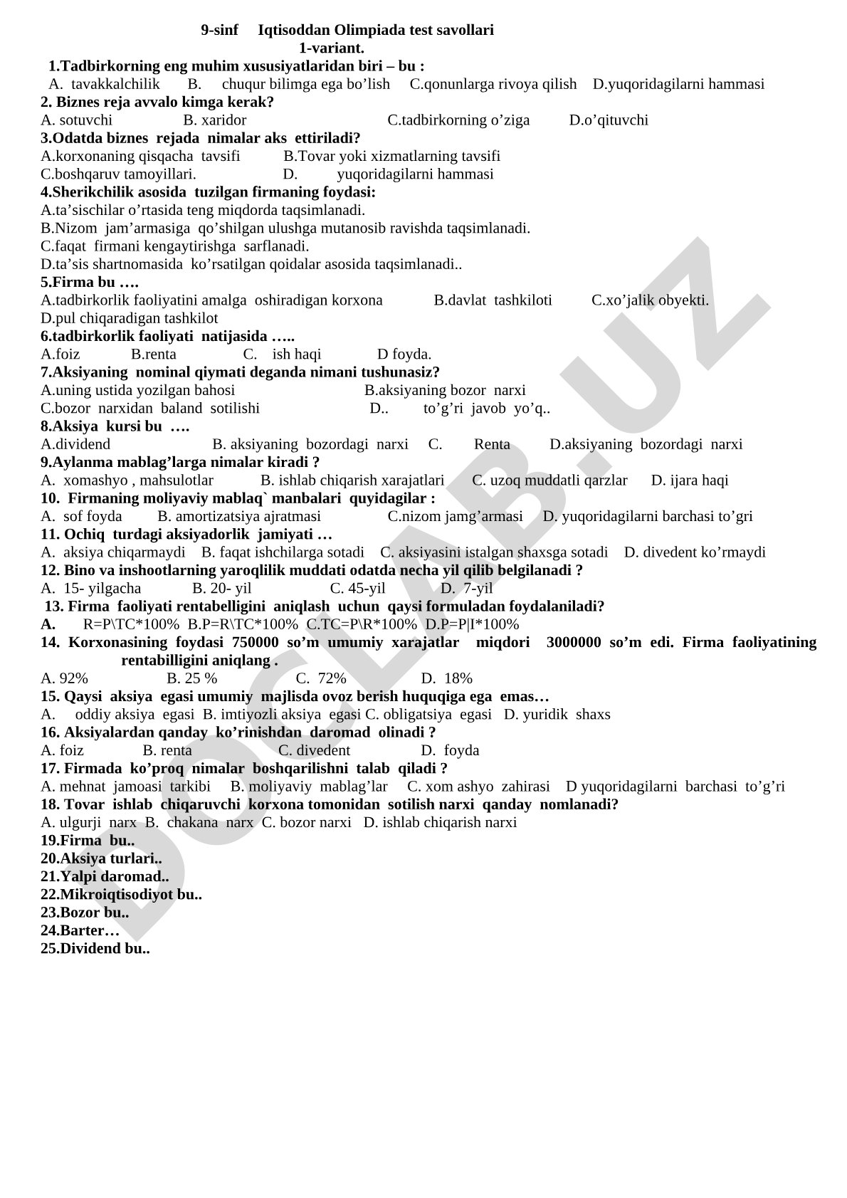 9-sinf Iqtisoddan Olimpiada test savollari 1-variant