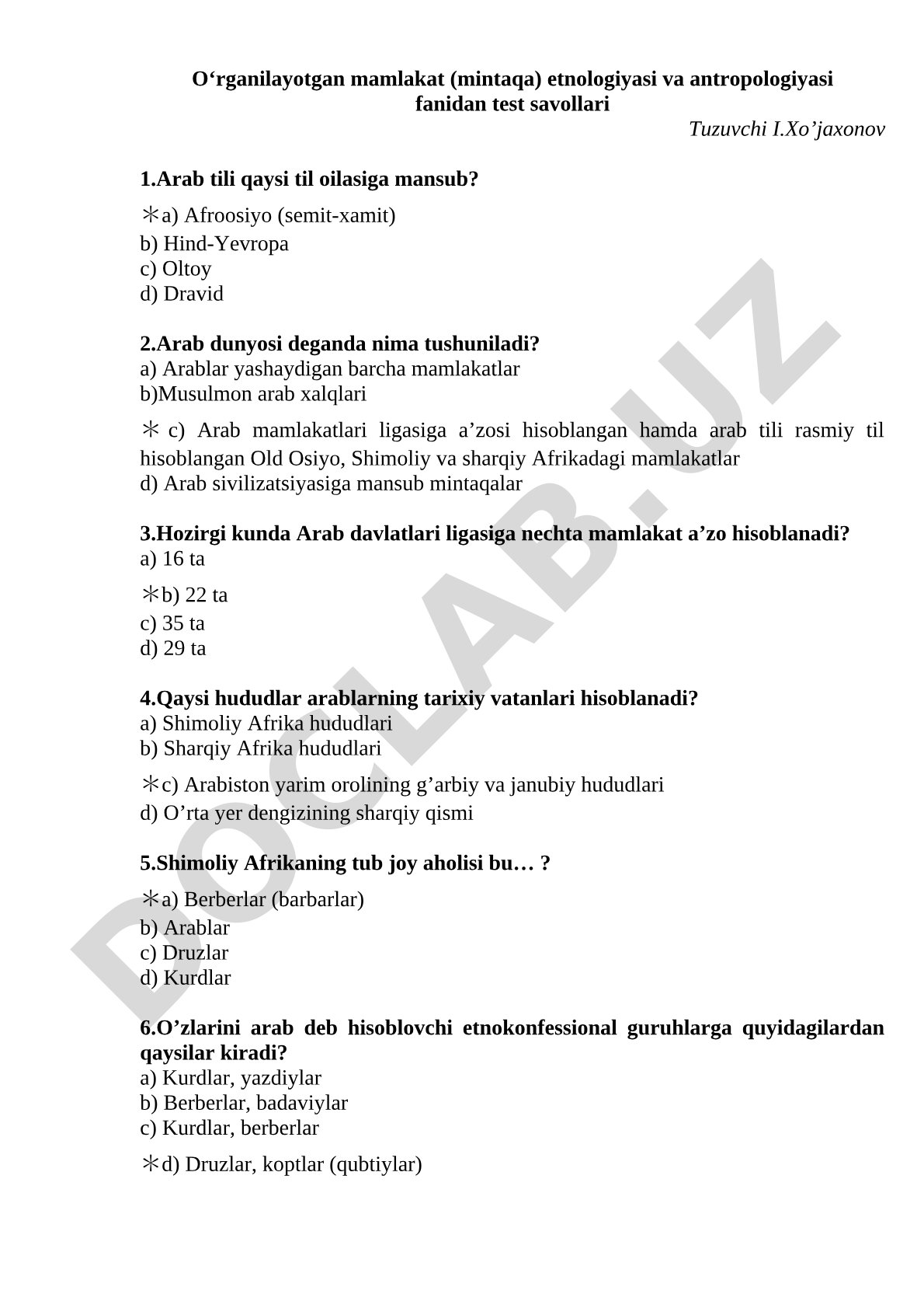 Arab mamlakatlari etnologiyasi va antropologiyasi bo‘yicha test savollari