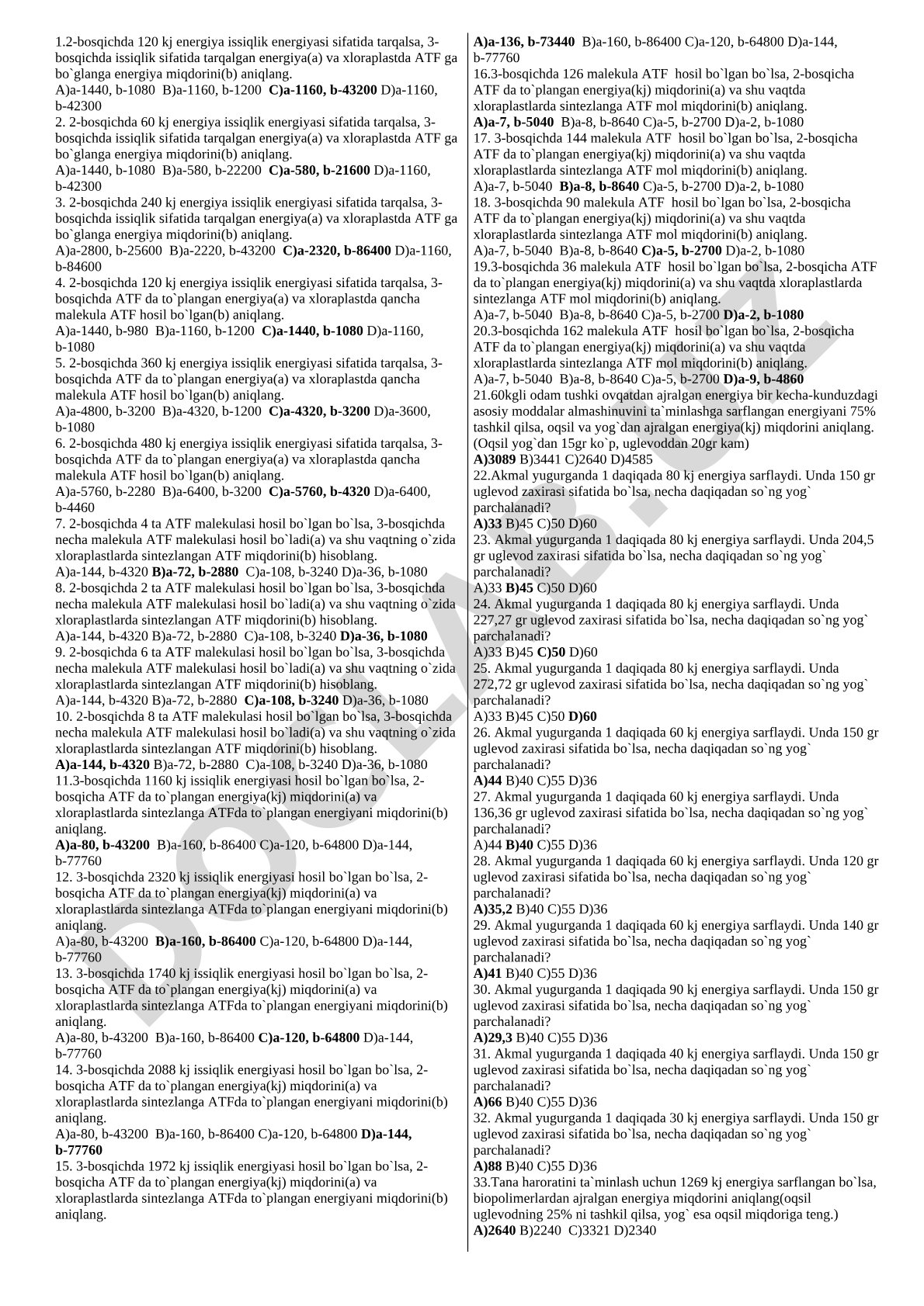 Fotosintezda ATF va energiya miqdorini hisoblash
