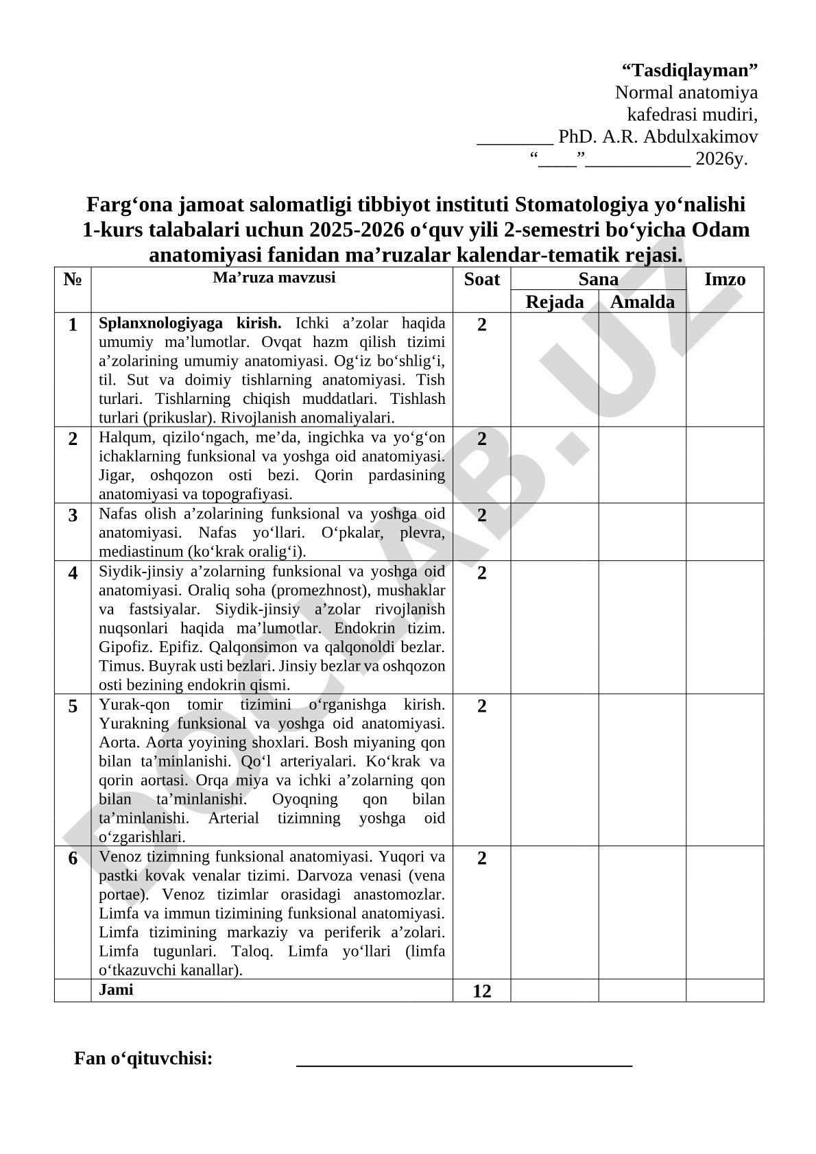 Odam anatomiyasi fanidan ma’ruzalar kalendar-tematik rejasi