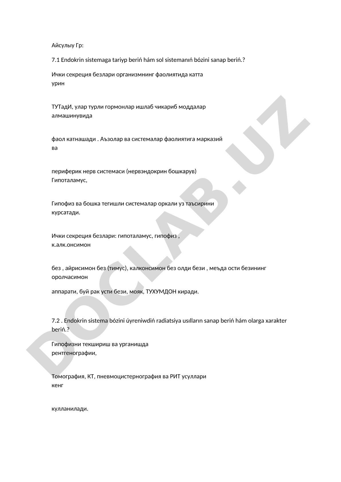 Endokrin sistema bezlari, gormonlar va radiatsion tekshirish usullari haqida savol-javob
