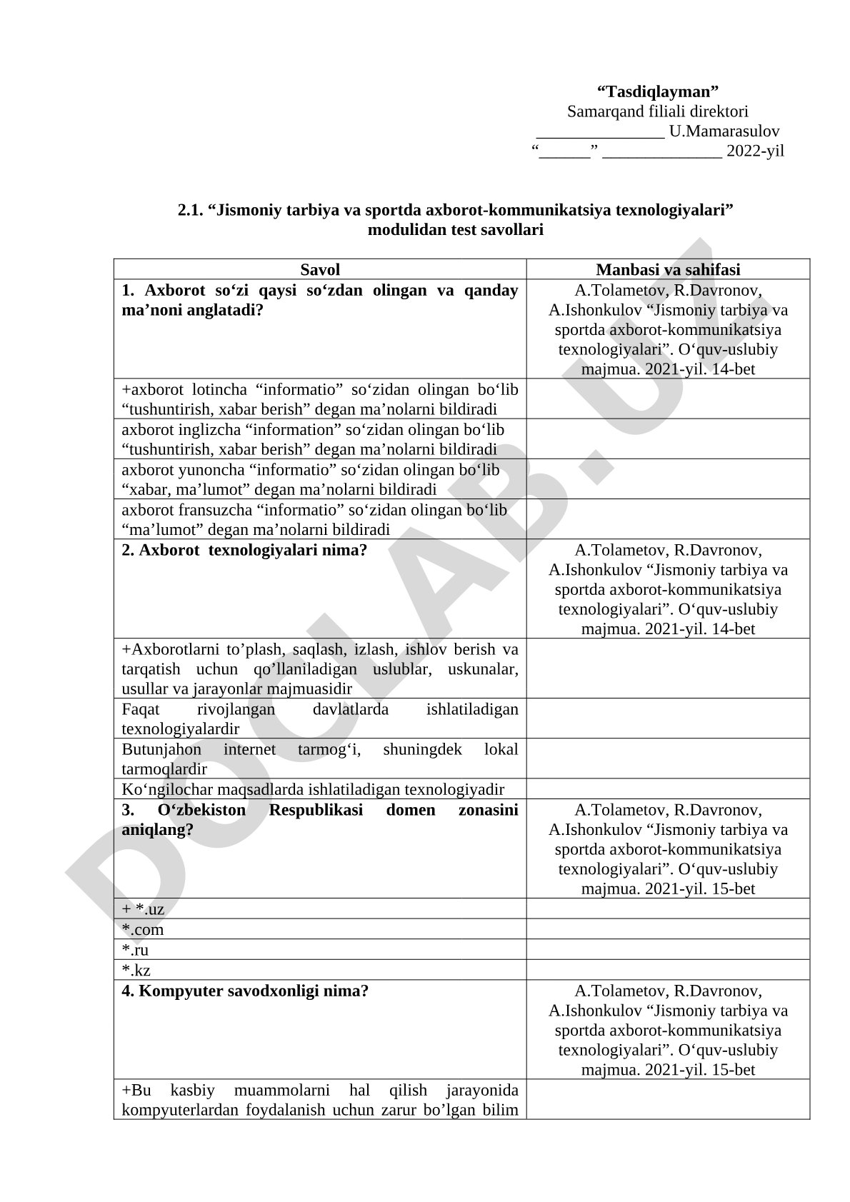 Jismoniy tarbiya va sportda axborot-kommunikatsiya texnologiyalari modulidan test savollari