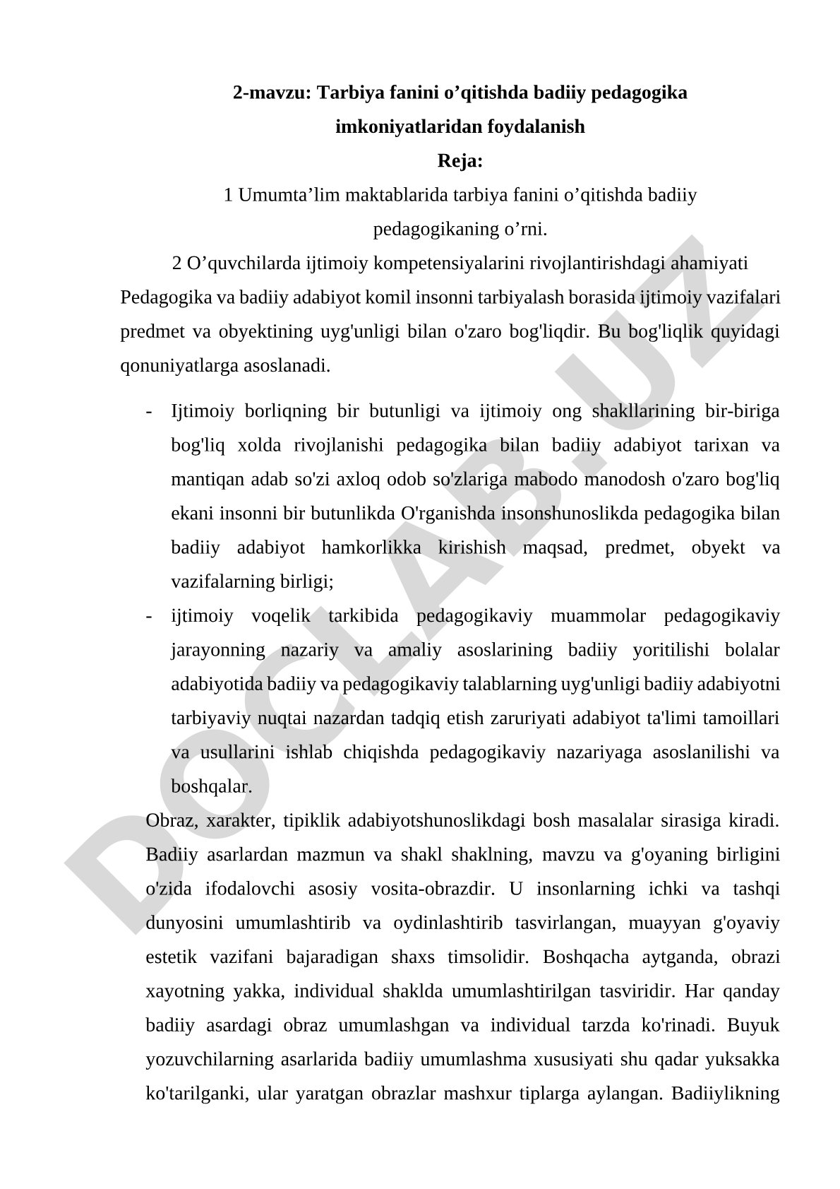 Tarbiya fanini o’qitishda badiiy pedagogika imkoniyatlaridan foydalanish