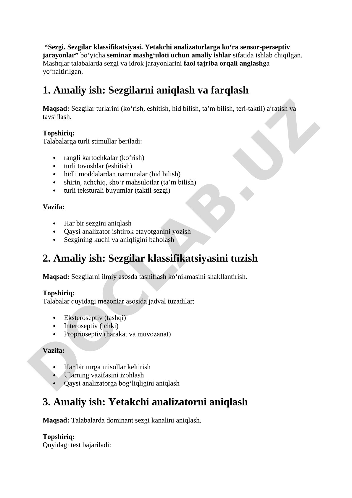 Sezgi, sezgilar klassifikatsiyasi va yetakchi analizatorlar bo'yicha amaliy ishlar