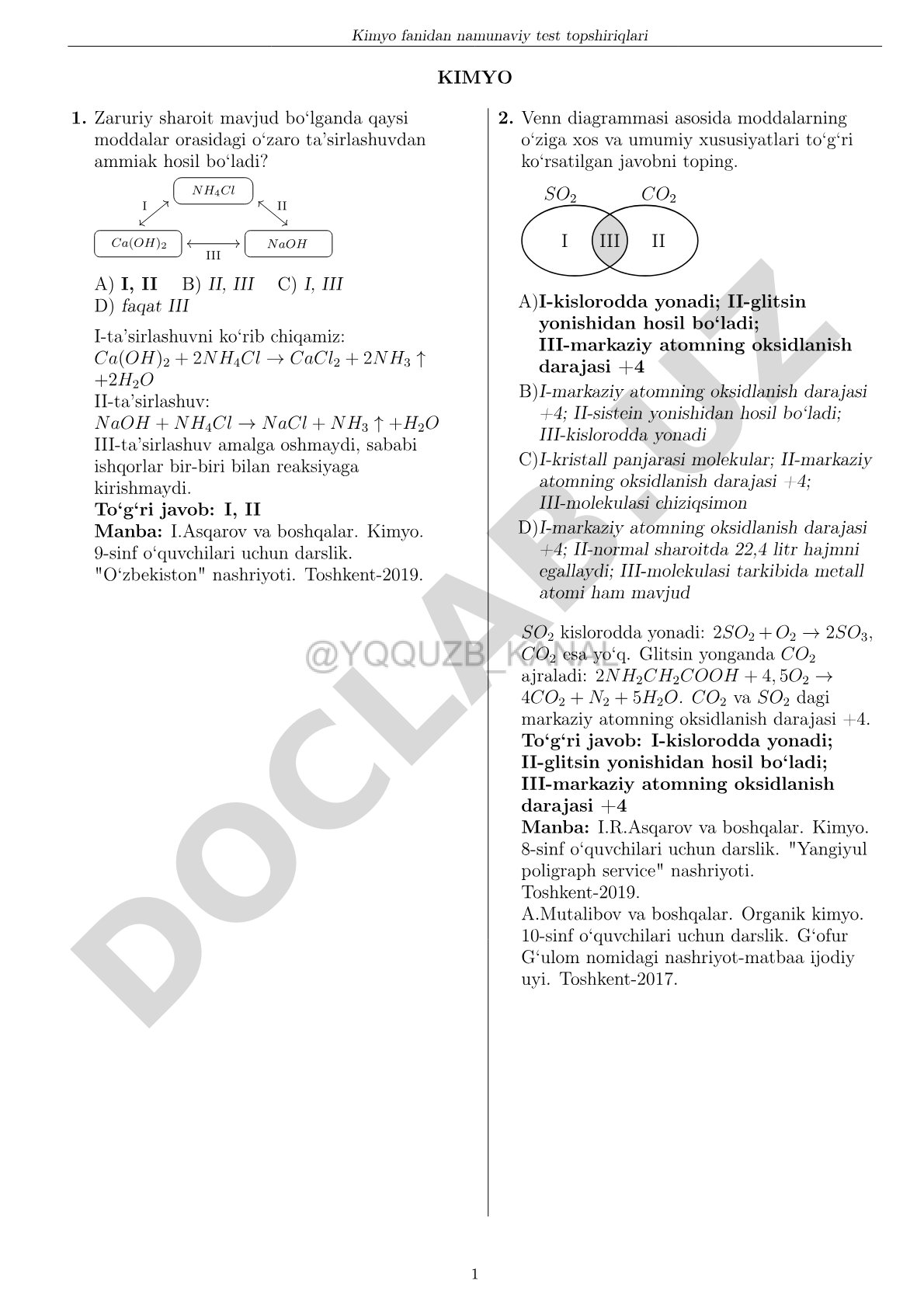 Kimyo fanidan namunaviy test topshiriqlari