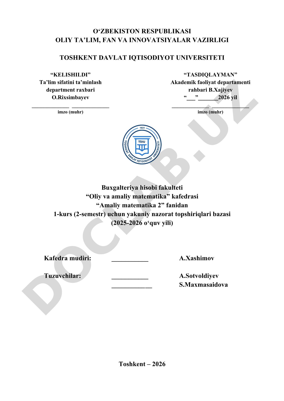 Amaliy matematika 2 fanidan yakuniy nazorat topshiriqlari bazasi