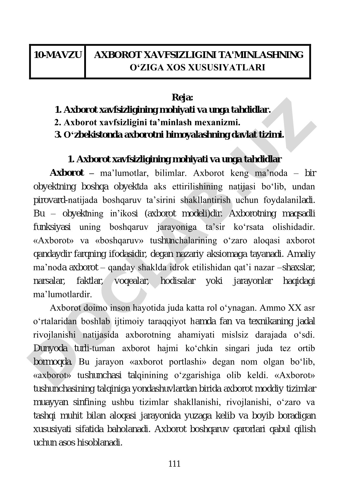 Axborot xavfsizligini ta'minlashning o'ziga xos xususiyatlari