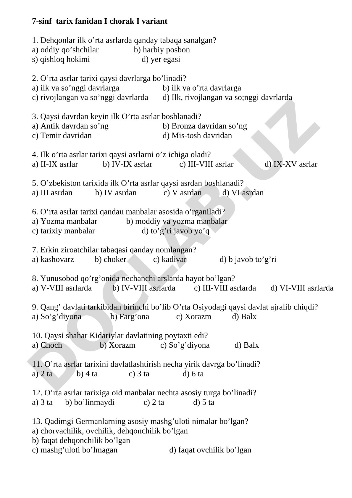 7-sinf tarix fanidan I chorak I variant
