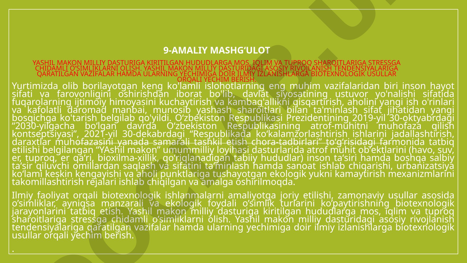 Yashil makon milliy dasturiga mos o'simliklar olish