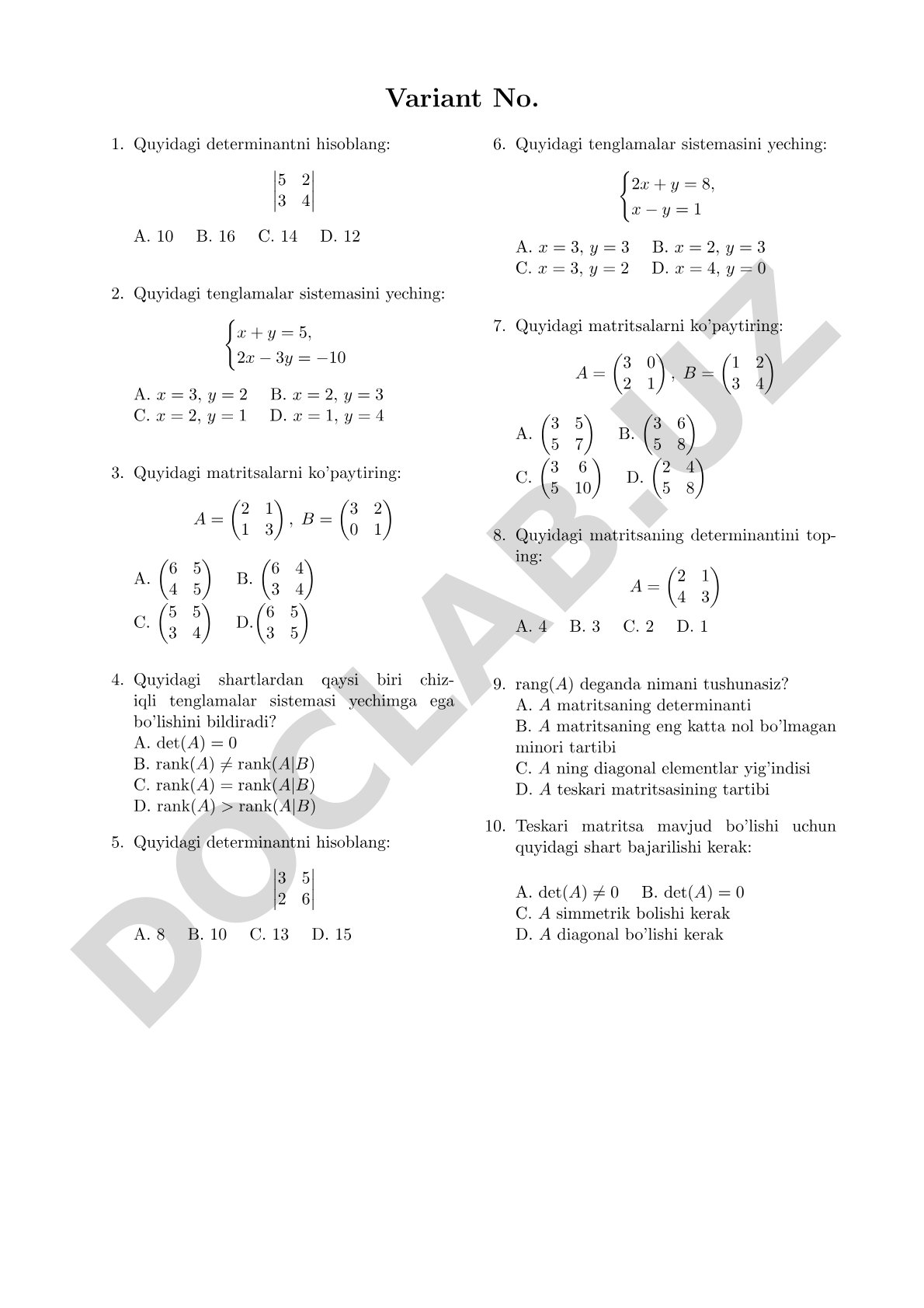 Chiziqli algebra: determinantlar, tenglamalar sistemasi va matritsalar