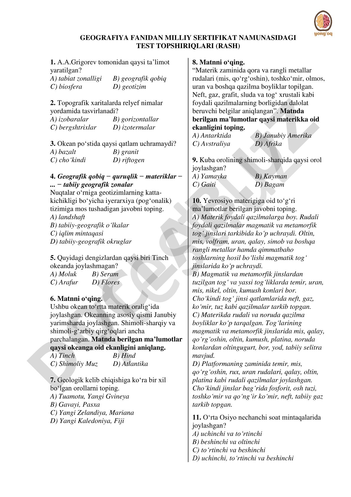Geografiya milliy sertifikat test topshiriqlari