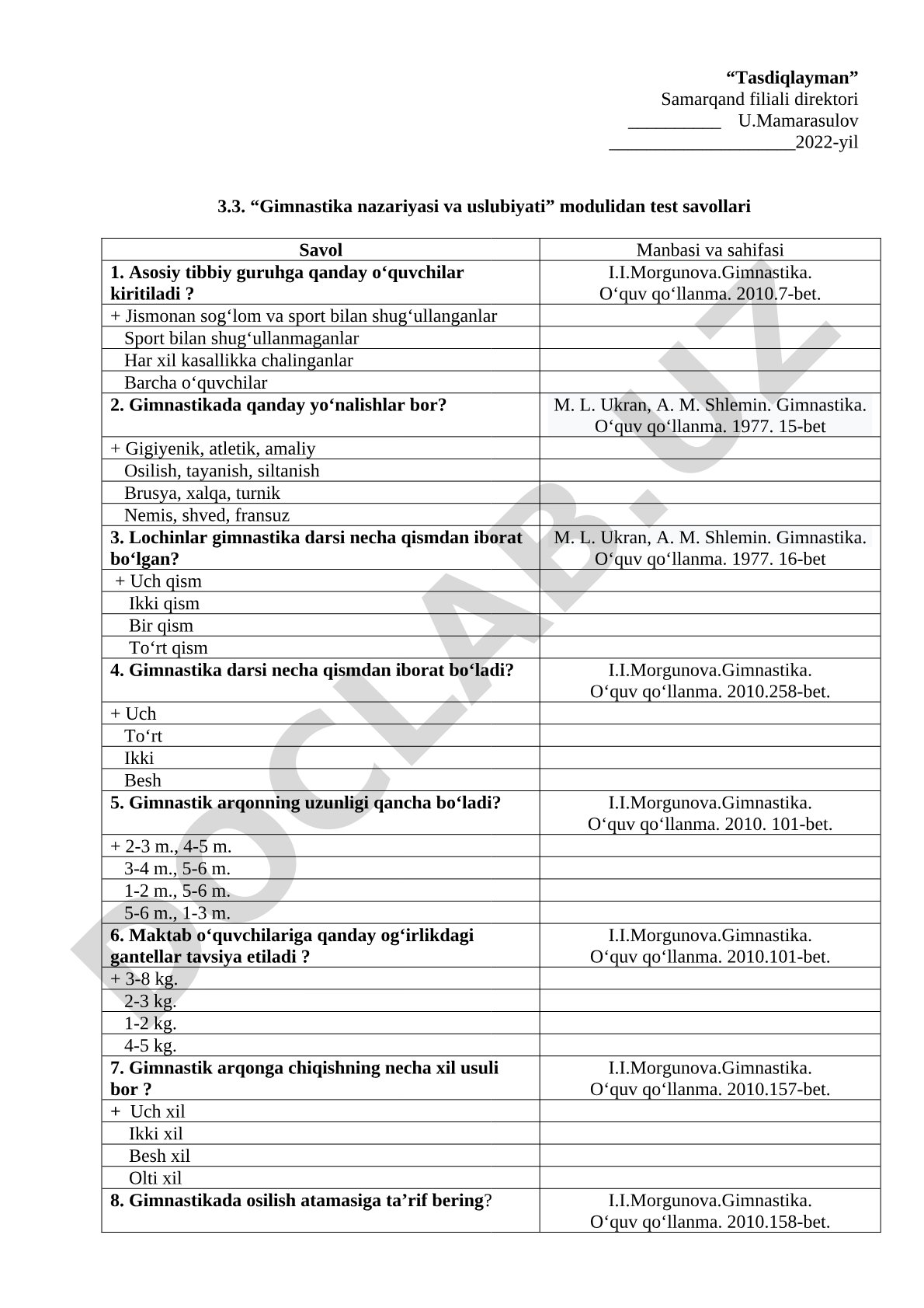 Gimnastika nazariyasi va uslubiyati modulidan test savollari