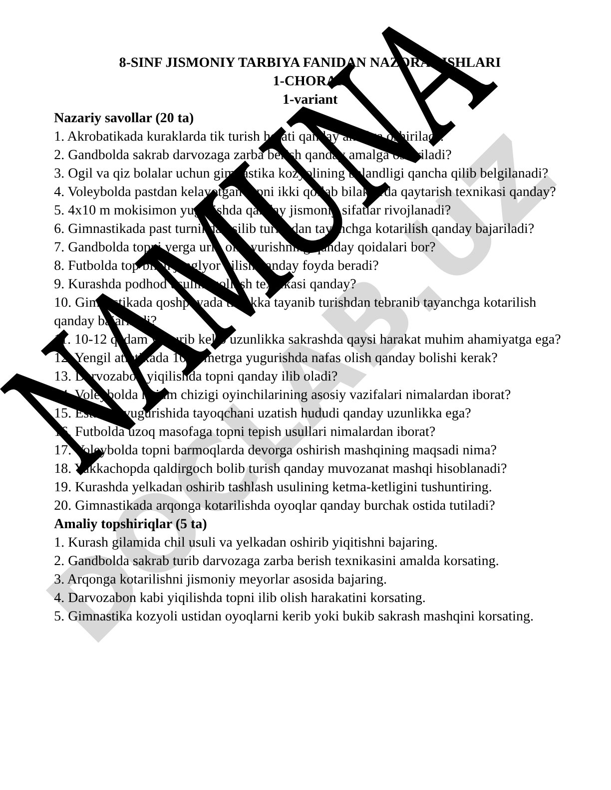 8-sinf jismoniy tarbiya fanidan nazorat ishlari 1-chorak 1-variant