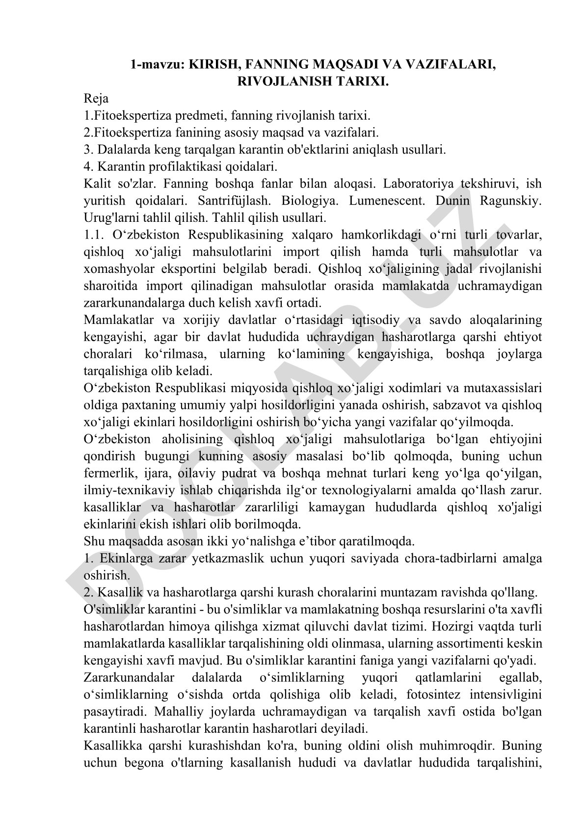 Fitoekspertiza fanining predmeti, maqsadlari va karantin ob'ektlarini aniqlash