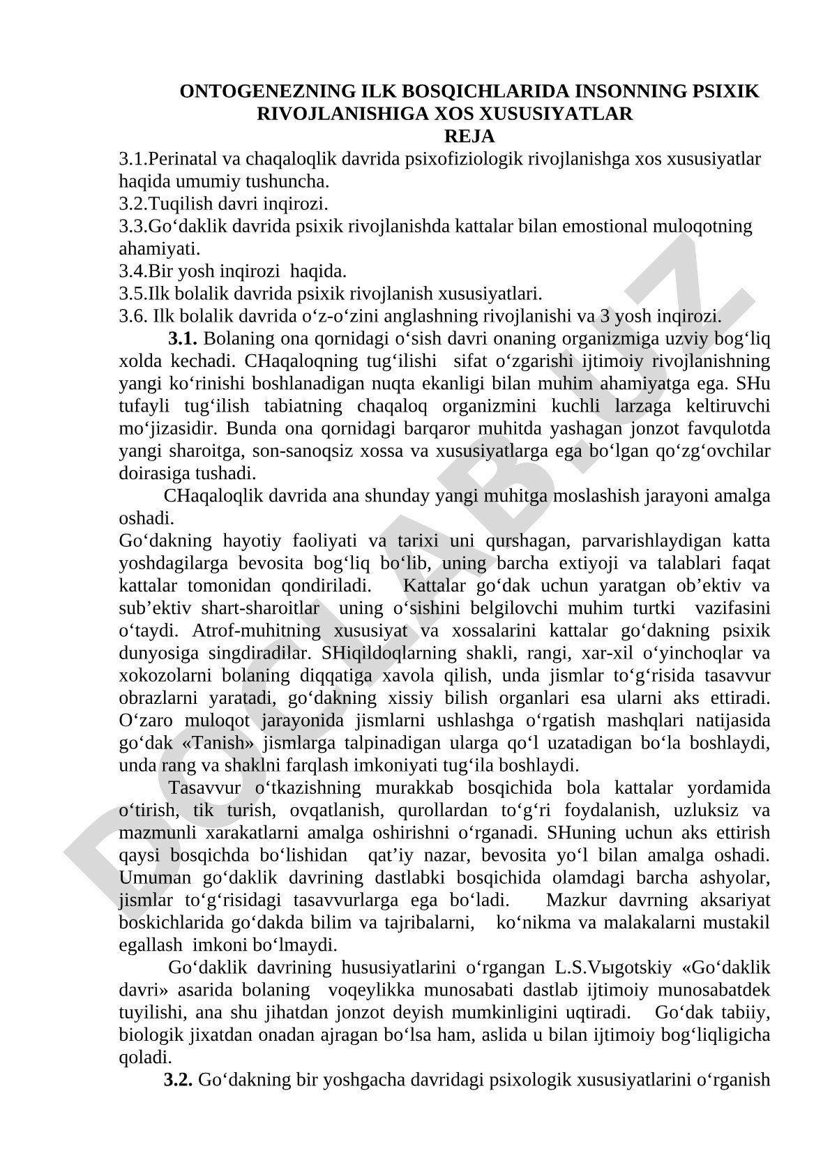ONTOGENEZNING ILK BOSQICHLARIDA INSONNING PSIXIK RIVOJLANISHIGA XOS XUSUSIYATLAR