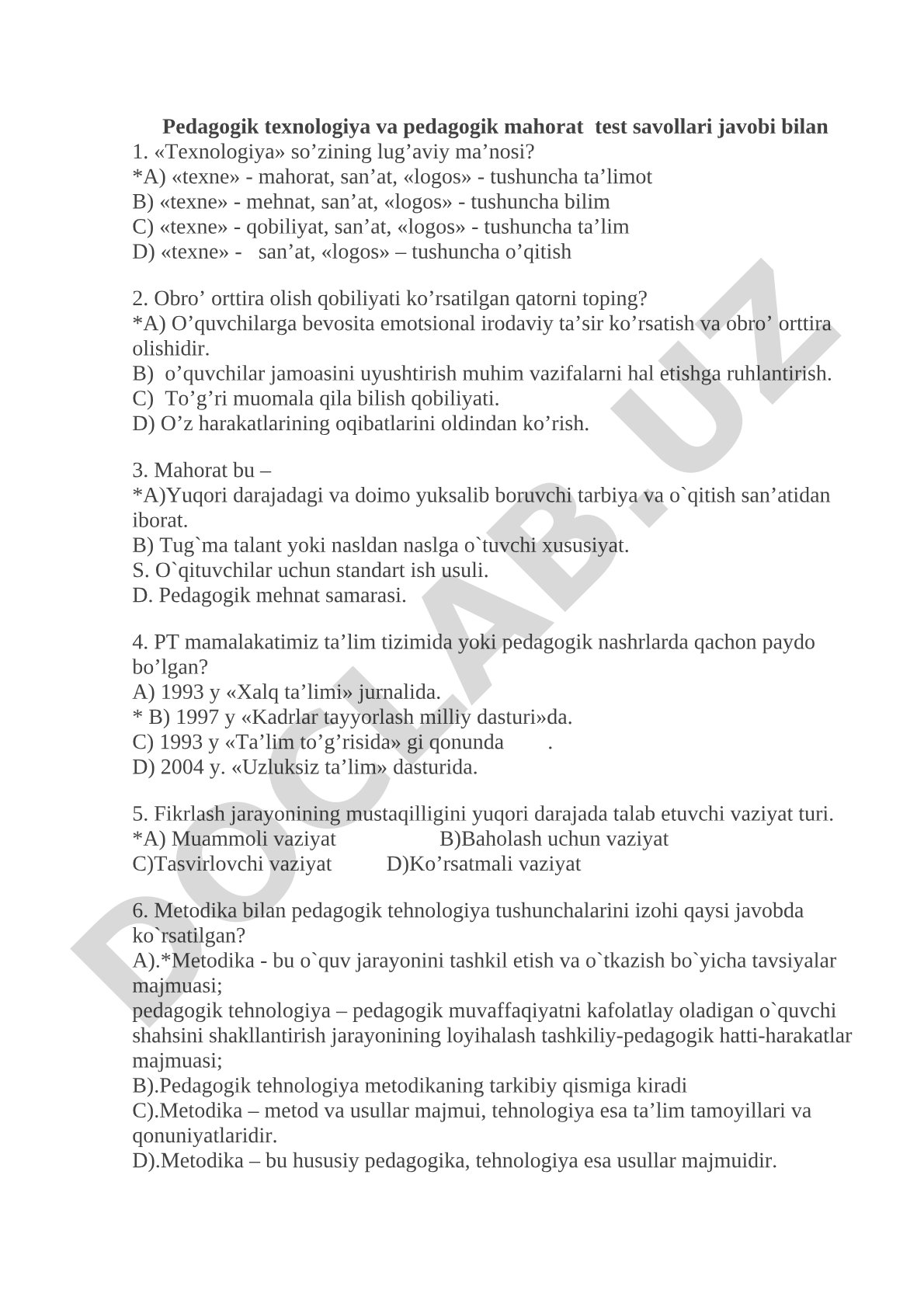 Pedagogik texnologiya va pedagogik mahorat test savollari javobi bilan