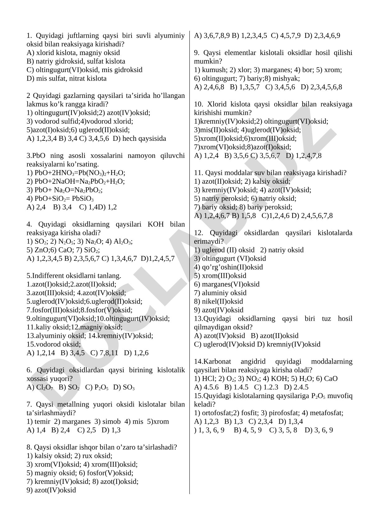 Oksidlarning kimyoviy xossalari test savollari