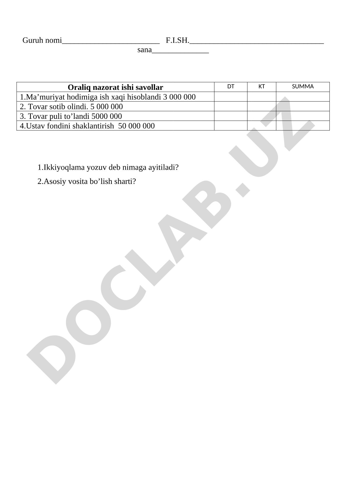 Oraliq nazorat ishi savollari